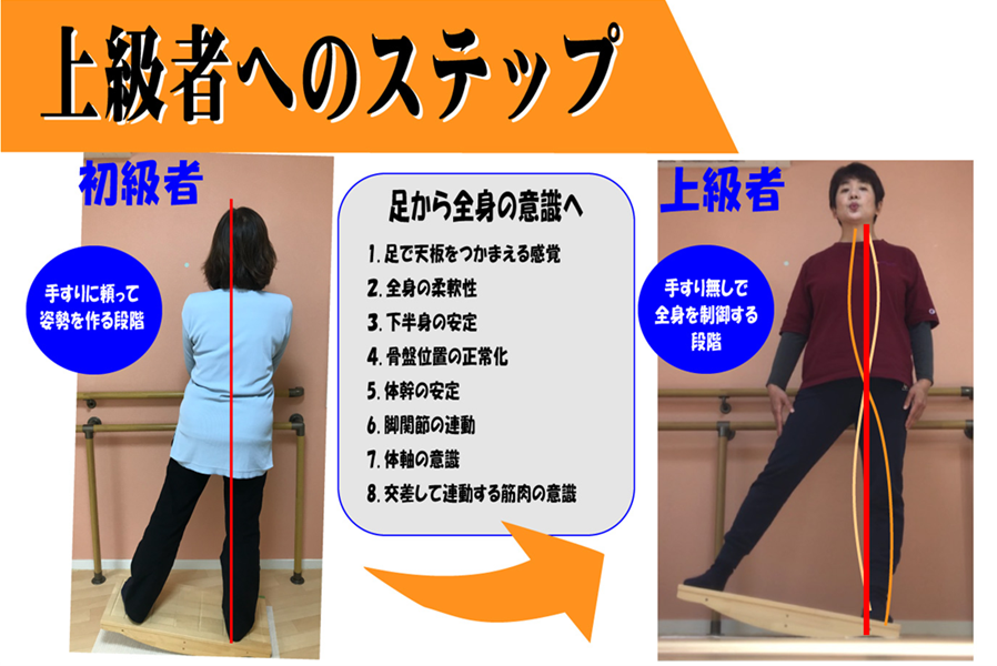 バランスボードの適度な傾斜で、アナトミートレインの筋膜連動で姿勢矯正できるトレーニング器具